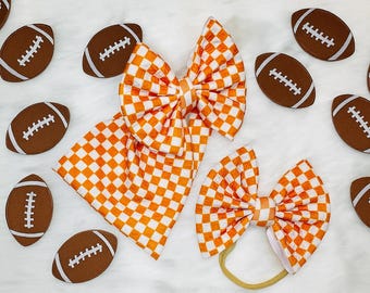Orange and White Checker Football Bow handmade baby and toddler bow